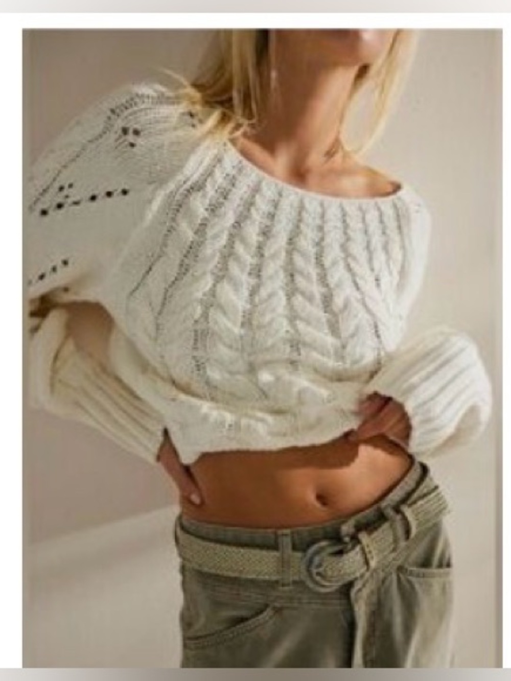 Free People SANDRE Cream Chunky Cable Knit Scoop Neck Slouchy Pullover Sweater